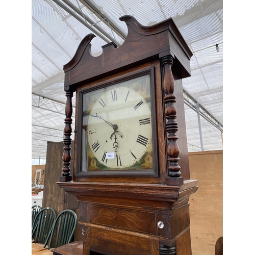 2572 - A 19TH CENTURY OAK AND CROSSBANDED THIRTY HOUR LONGCASE CLOCK WITH PAINTED ENAMEL DIAL