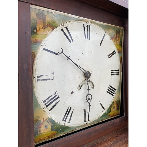 2572 - A 19TH CENTURY OAK AND CROSSBANDED THIRTY HOUR LONGCASE CLOCK WITH PAINTED ENAMEL DIAL