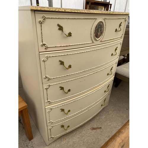 2595 - A  FRENCH STYLE CREAM AND GILT CHEST OF FIVE DRAWERS, 30