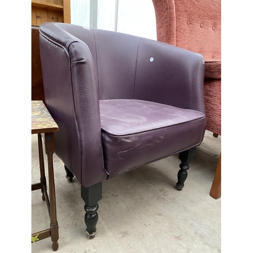 2614 - A PURPLE FAUX LEATHER TUB CHAIR ON TURNED FRONT LEGS