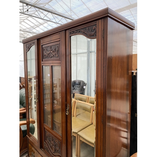 2643 - A VICTORIAN WALNUT DOUBLE MIRROR-DOOR WARDROBE WITH GLASS CENTRE PANELS AND TWO DRAWERS TO THE BASE,... 