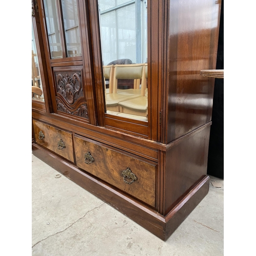 2643 - A VICTORIAN WALNUT DOUBLE MIRROR-DOOR WARDROBE WITH GLASS CENTRE PANELS AND TWO DRAWERS TO THE BASE,... 