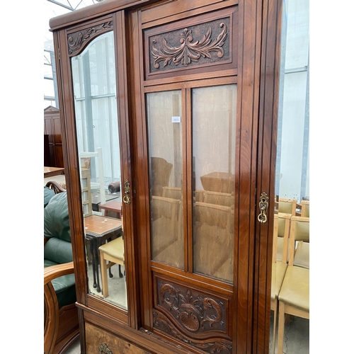 2643 - A VICTORIAN WALNUT DOUBLE MIRROR-DOOR WARDROBE WITH GLASS CENTRE PANELS AND TWO DRAWERS TO THE BASE,... 