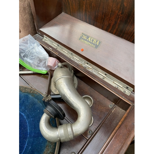 2650 - A VINTAGE 'THE ALBA GRAMOPHONE' IN OAK CABINET COMPLETE WITH WINDER AND SPARE NEEDLES