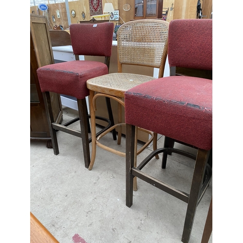 2667 - A SPLIT CANE KITCHEN STOOL WITH HIGH BACK AND TWO UPHOLSTERED STOOLS