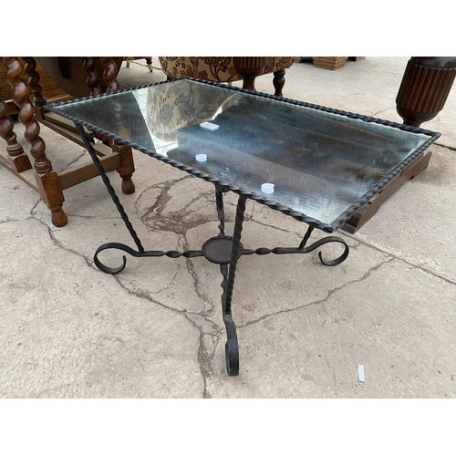 2675 - A WROUGHT IRON COFFEE TABLE WITH INSET MIRRORED TOP, 29X18