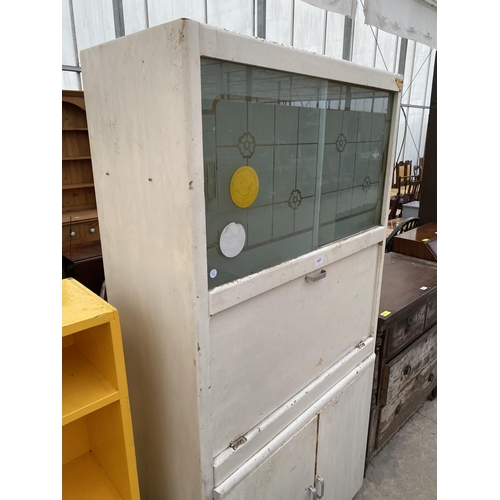 2691 - A MID 20TH CENTURY PAINTED KITCHEN CABINET WITH SLIDING GLASS DOOR AND PULL-DOWN WORK SURFACE