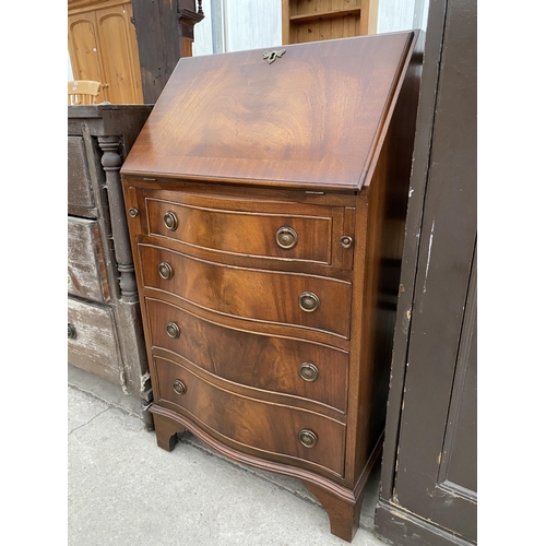 2693 - A REPRODUCTION MAHOGANY AND CROSSBANDED BUREAU WITH FOUR GRADUATED DRAWERS TO BASE, 21