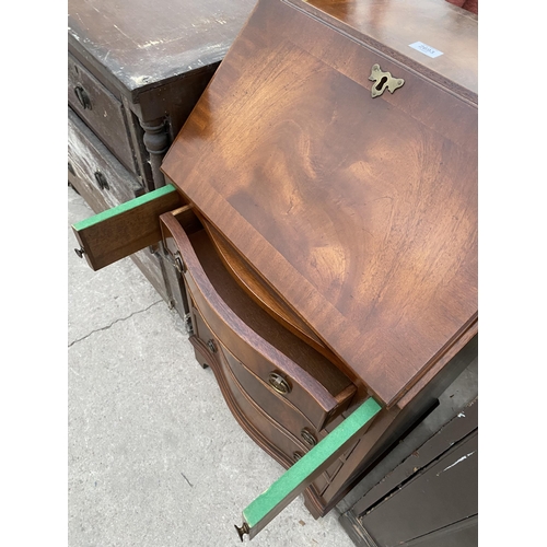 2693 - A REPRODUCTION MAHOGANY AND CROSSBANDED BUREAU WITH FOUR GRADUATED DRAWERS TO BASE, 21