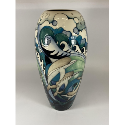 64 - A LARGE MOORCROFT NUMBERED EDITION DOLPHINS PATTERN VASE, NO. 34, HEIGHT 36.5CM