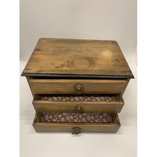 33 - A SATINWOOD TABLE TOP THREE DRAWER CHEST, HEIGHT 19CM