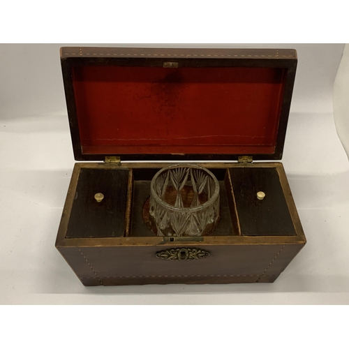 37 - A 19TH CENTURY MAHOGANY SARCOPHAGUS SHAPE TEA CADDY WITH INNER COMPARTMENTS AND GLASS VASE