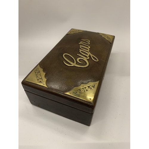 43 - A VINTAGE LEATHER AND BRASS CIGAR BOX