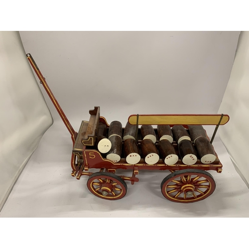 44 - A VINTAGE PAINTED WOODEN ROMANY BARREL CART, LENGTH 65CM