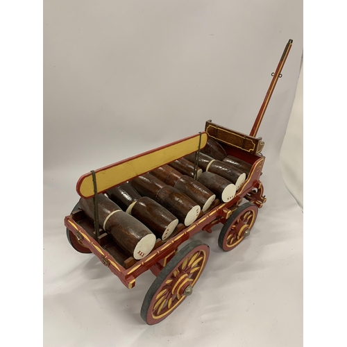 44 - A VINTAGE PAINTED WOODEN ROMANY BARREL CART, LENGTH 65CM