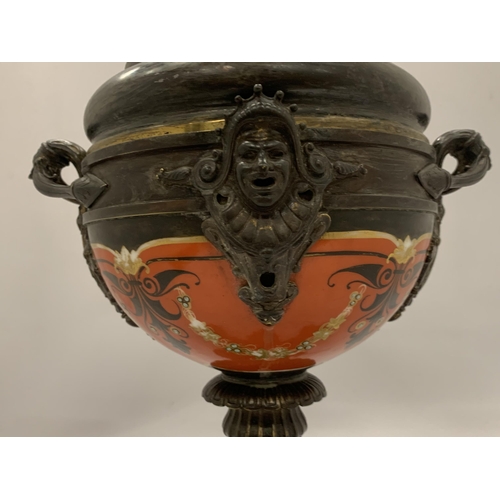 50 - A ORIENTAL BRONZE AND CERAMIC LIDDED POT, HEIGHT 41CM