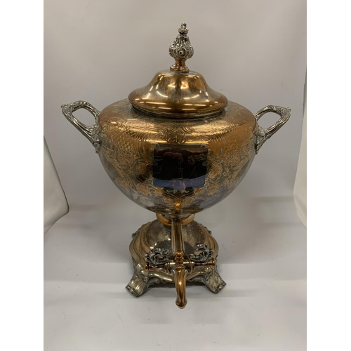 55 - A VINTAGE SILVER PLATED ON COPPER TWIN HANDLED SAMOVAR, HEIGHT 44CM