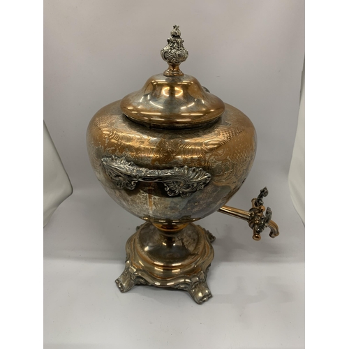 55 - A VINTAGE SILVER PLATED ON COPPER TWIN HANDLED SAMOVAR, HEIGHT 44CM