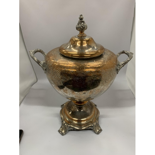 55 - A VINTAGE SILVER PLATED ON COPPER TWIN HANDLED SAMOVAR, HEIGHT 44CM