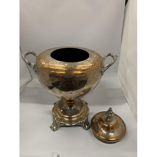 55 - A VINTAGE SILVER PLATED ON COPPER TWIN HANDLED SAMOVAR, HEIGHT 44CM