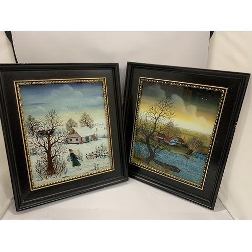 56 - A PAIR OF EBONY FRAMED SIGNED OIL ON GLASS PANELS, SIGNED HURJZAK, '78, 34 X 39CM