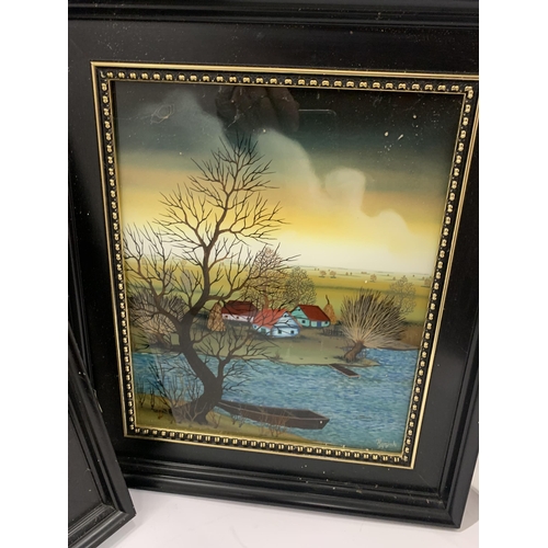 56 - A PAIR OF EBONY FRAMED SIGNED OIL ON GLASS PANELS, SIGNED HURJZAK, '78, 34 X 39CM