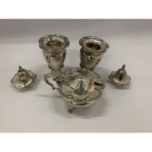 7 - A BIRMINGHAM HALLMARKED SILVER FIVE PIECE CONDIMENT SET COMPRISING TWO OPEN SALTS, MUSTARD POT AND S... 