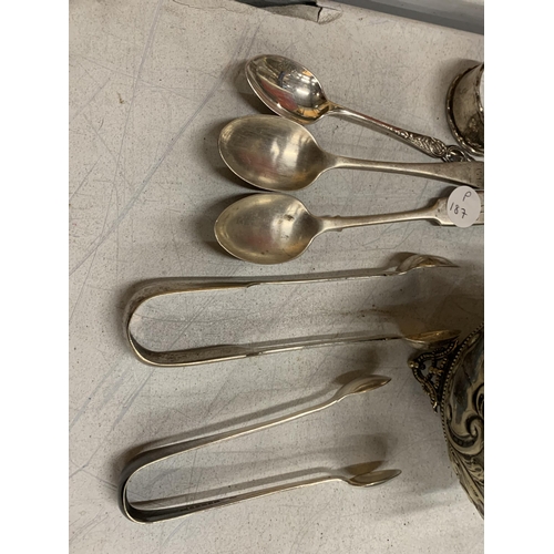 80 - A MIXED LOT TO INCLUDE HALLMARKED SILVER TEASPOONS, BRASS CANDLESTICKS ETC