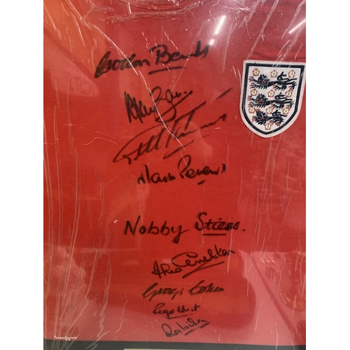 86 - A FRAMED AUTHENTIC 1966 ENGLAND WORLD CUP FOOTBALL SHIRT SIGNED BY GORDON BANKS, GEOFF HURST, JACK C... 