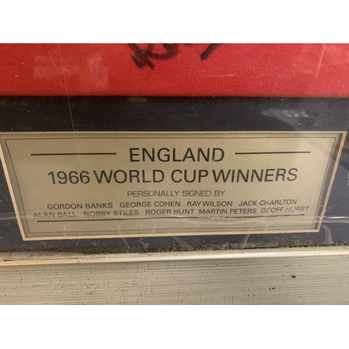 86 - A FRAMED AUTHENTIC 1966 ENGLAND WORLD CUP FOOTBALL SHIRT SIGNED BY GORDON BANKS, GEOFF HURST, JACK C... 