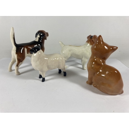 727 - FOUR BESWICK FIGURES TO INCLUDE A JACK RUSSEL, HOUND, A LAMB AND A CAT