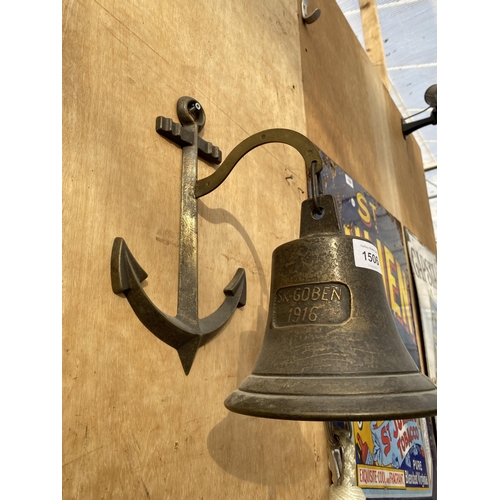 1506 - A BRASS WALL MOUNTED BELL WITH ANCHOR MOUNT AND BEARING THE STAMP 'SK-GOBEN 1916'