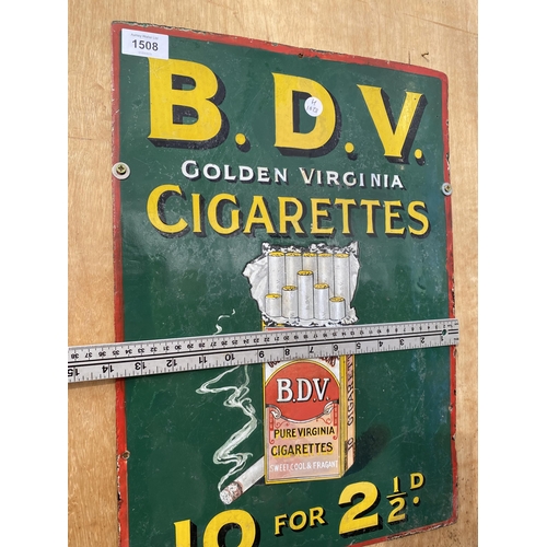 1508 - A RARE AND ORIGINAL 'BDV GOLDEN VIRGINIA CIGARETTES' ENAMEL SIGN (49CM X 34.5CM)