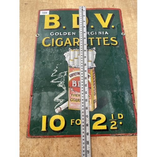 1508 - A RARE AND ORIGINAL 'BDV GOLDEN VIRGINIA CIGARETTES' ENAMEL SIGN (49CM X 34.5CM)