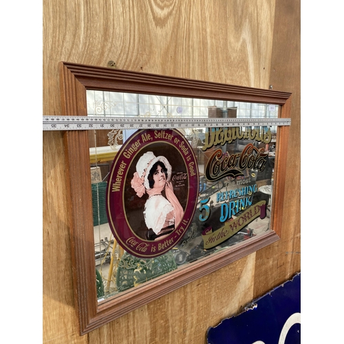 1513 - A WOODEN FRAMED 'COCA-COLA' PUB ADVERTISING MIRROR