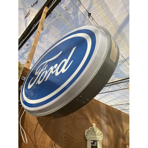 1529 - AN ILLUMINATED DOUBLE SIDED FORD WALL HANGING SIGN WITH HARD WIRED PLUG