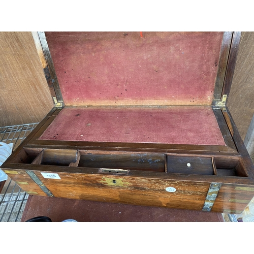 1549 - A VINTAGE MAHOGANY WRITING SLOPE WITH RED CLOTH INTERIOR