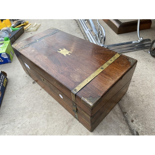 1549 - A VINTAGE MAHOGANY WRITING SLOPE WITH RED CLOTH INTERIOR