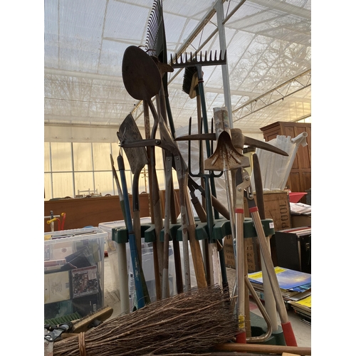 1626 - A LARGE ASSORTMENT OF GARDEN TOOLS TO INCLUDE A PICK AXE, FORKS AND RAKES TO ALSO INCLUDE A PLANT PO... 