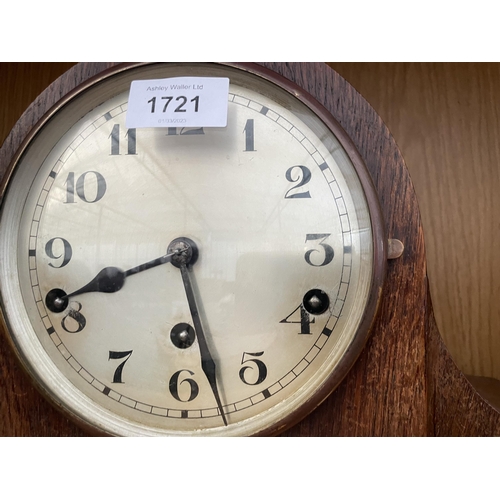 1721 - THREE VARIOUS CLOCKS TO INCLUDE AN OAK NAPOLEANS HAT WESTMINISTER CHIMING CLOCK ETC