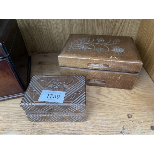 1730 - TWO WOODEN BOXES AND A MAHOGANY TEA CADDY