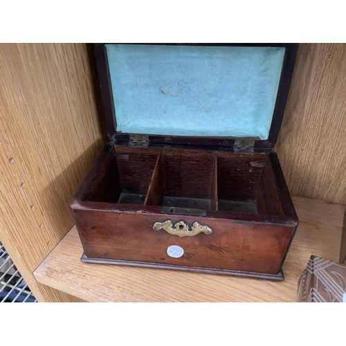 1730 - TWO WOODEN BOXES AND A MAHOGANY TEA CADDY