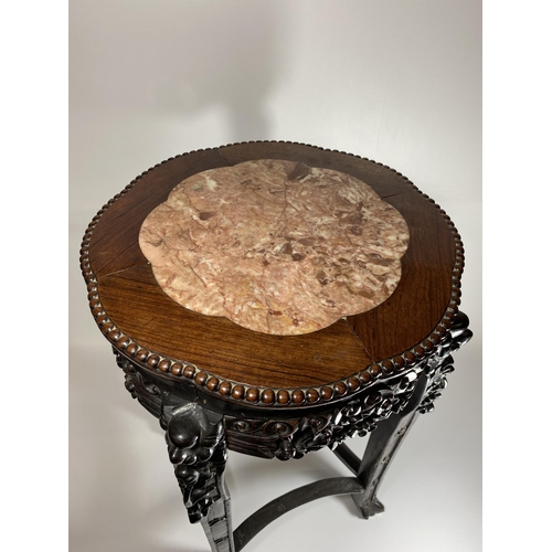 454 - A CHINESE CARVED ROSEWOOD AND MARBLE TOPPED JARDINIERE STAND, HEIGHT 62CM