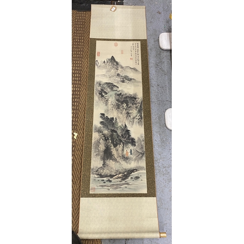 459 - A VINTAGE ORIENTAL MOUNTAIN SCENE SCROLL, LENGTH 195CM