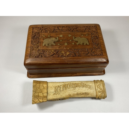 474 - AN ANTIQUE BONE REMEMBRANCE CARVING TOGETHER WITH A CARVED WOODEN BOX