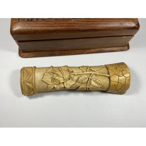 474 - AN ANTIQUE BONE REMEMBRANCE CARVING TOGETHER WITH A CARVED WOODEN BOX