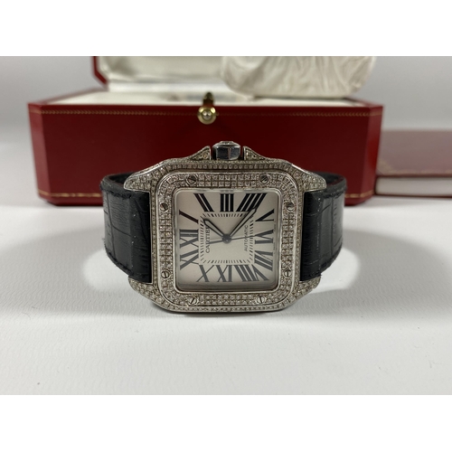 698 - A BOXED GENTS CARTIER SANTOS AUTOMATIC WATCH WITH DIAMOND SET DIAL, WORKING AT TIME OF CATALOGING