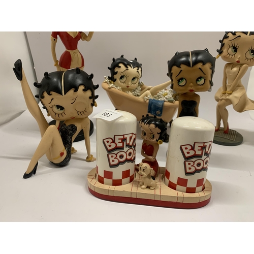 103 - A COLLECTION OF BETTY BOOP ITEMS TO INCLUDE FOUR FIGURES - 1 A/F, BETTY IN A BATH AND A CRUET SET