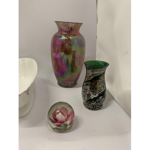 108 - A QUANTITY OF STUDIO ART GLASSWARE VASES TO INCLUDE GREEN HANDPAINTED, ETC