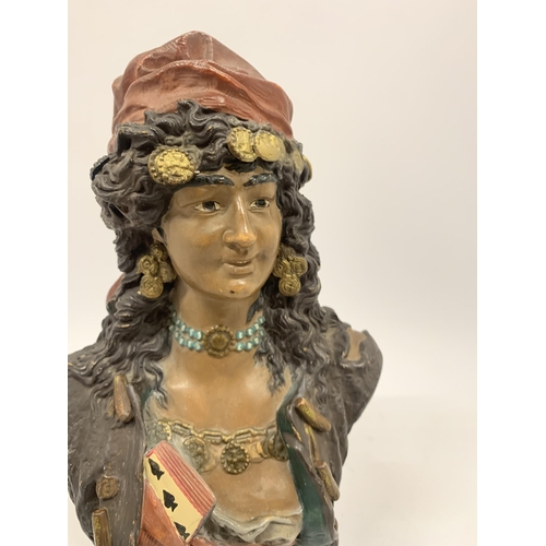 112 - A CERAMIC BUST OF A ROMANY LADY HEIGHT 27CM